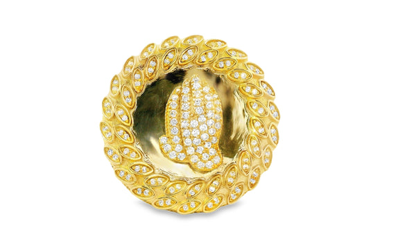 silver base- gold large prayer hands ring..
