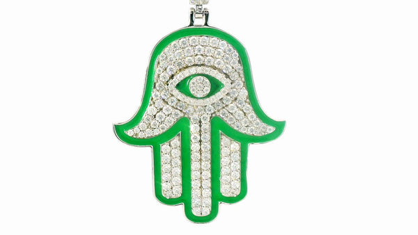 Silve labstone “ Hamsa “ pendant with green enamel