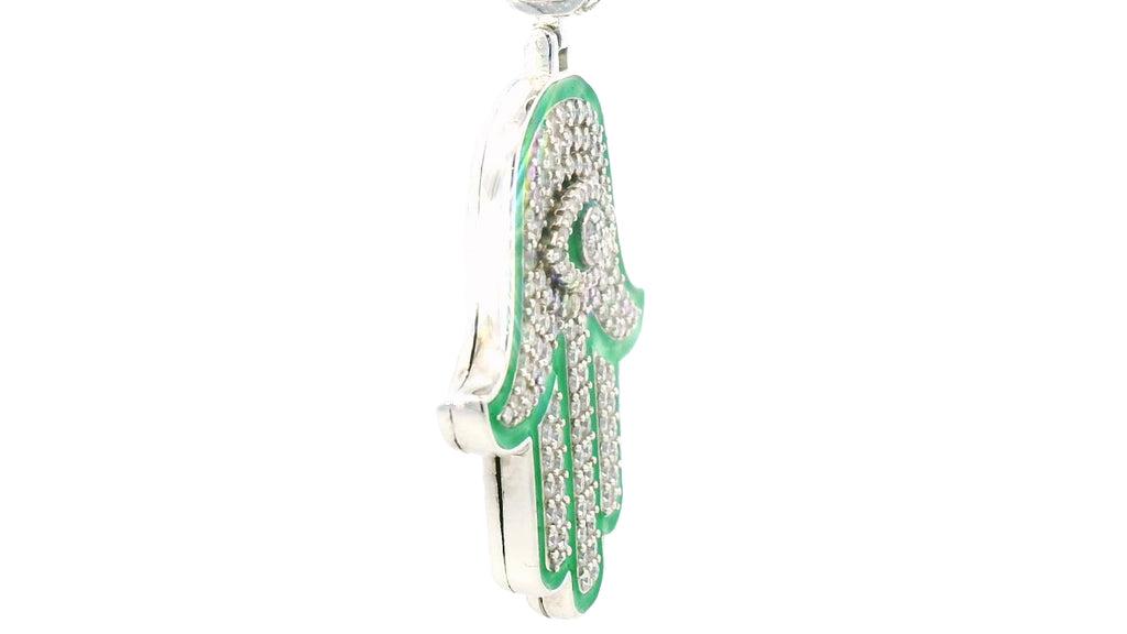 Silve labstone “ Hamsa “ pendant with green enamel