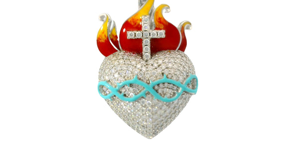 Silver labstone Flaming heart of thorns with cross pendant