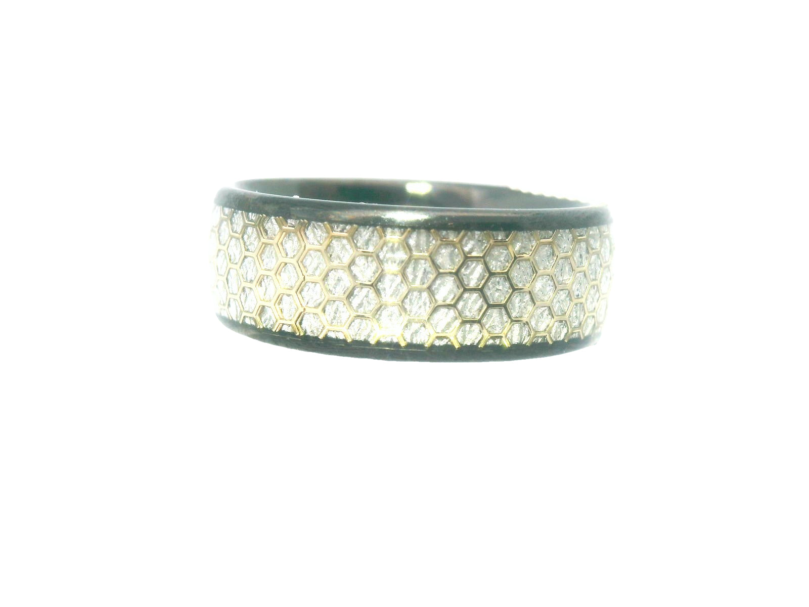 Black tungsten ring with silver honeycomb inlay
