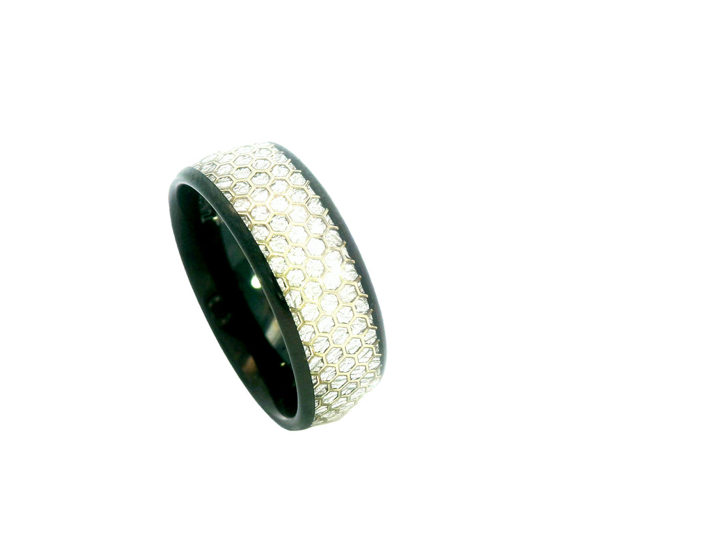 Black tungsten ring with silver honeycomb inlay