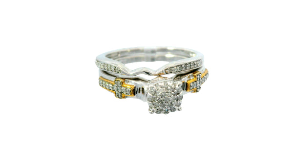 Two band silver natural stone cluster cross ring