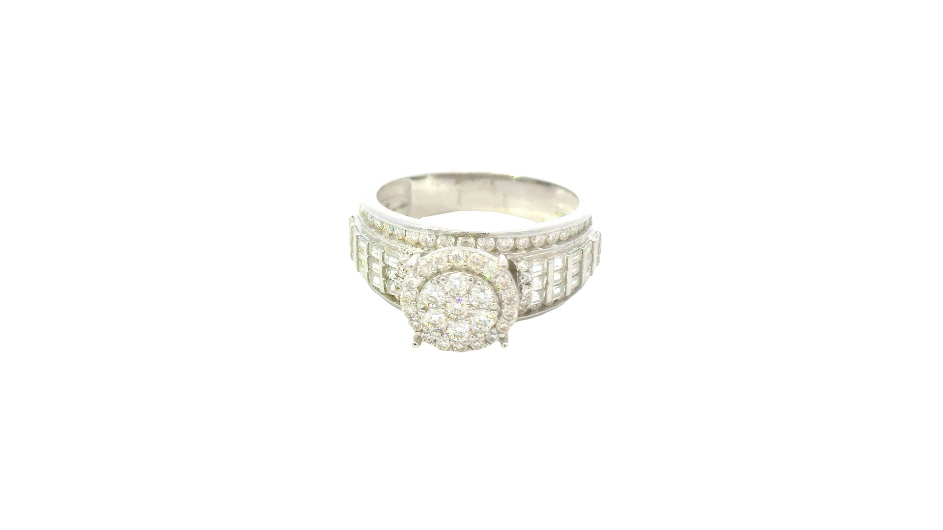 Silver- round flower set, baguette ring with lab stones.