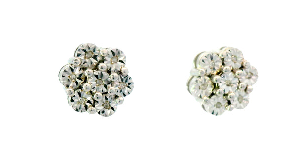 Silver flower set,  Natural diamond cluster earring.
