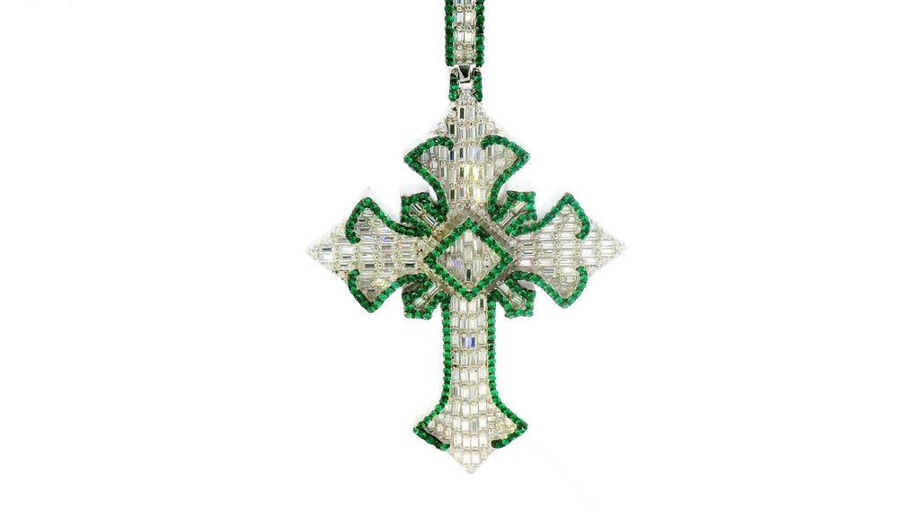 Silver labstone cross with green enamel color.