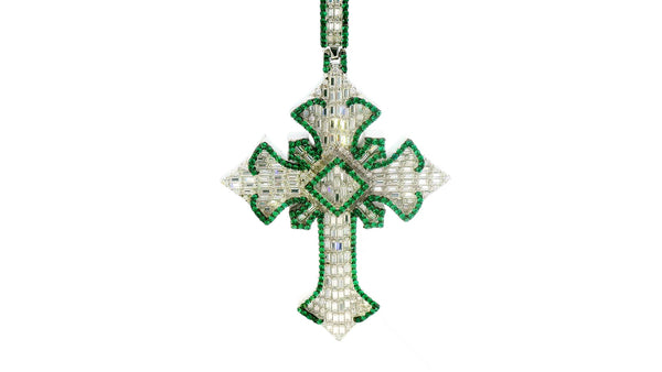 Silver labstone cross with green enamel color.