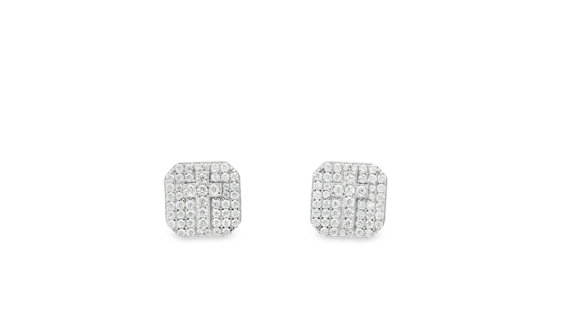 Silver labstone square earrings with cross