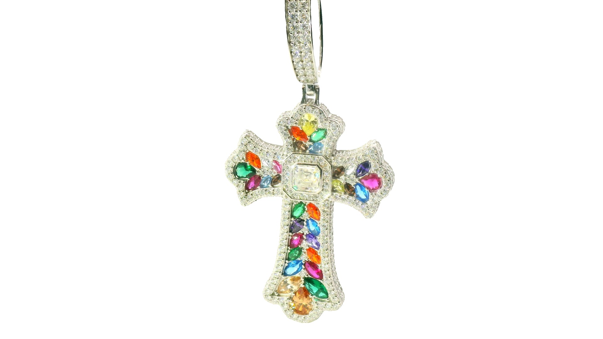 Silver with multicolored marquise cut labstone cross pendant
