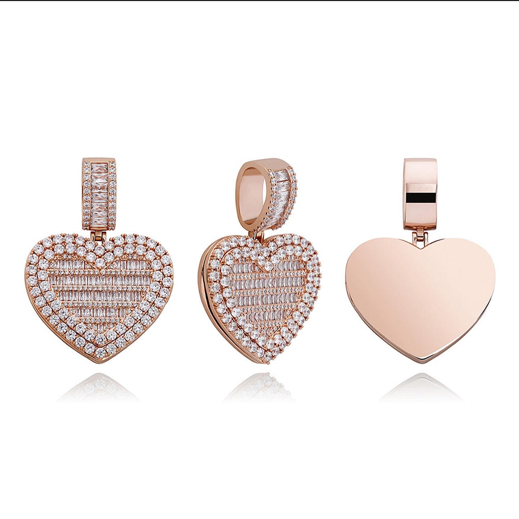 Iced Out Custom Baguette Heart Photo Locket Pendant
