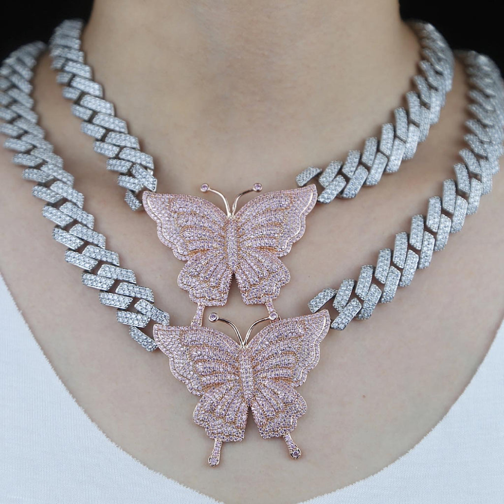 Two Toned Butterfly Pendent Cuban Link Chain