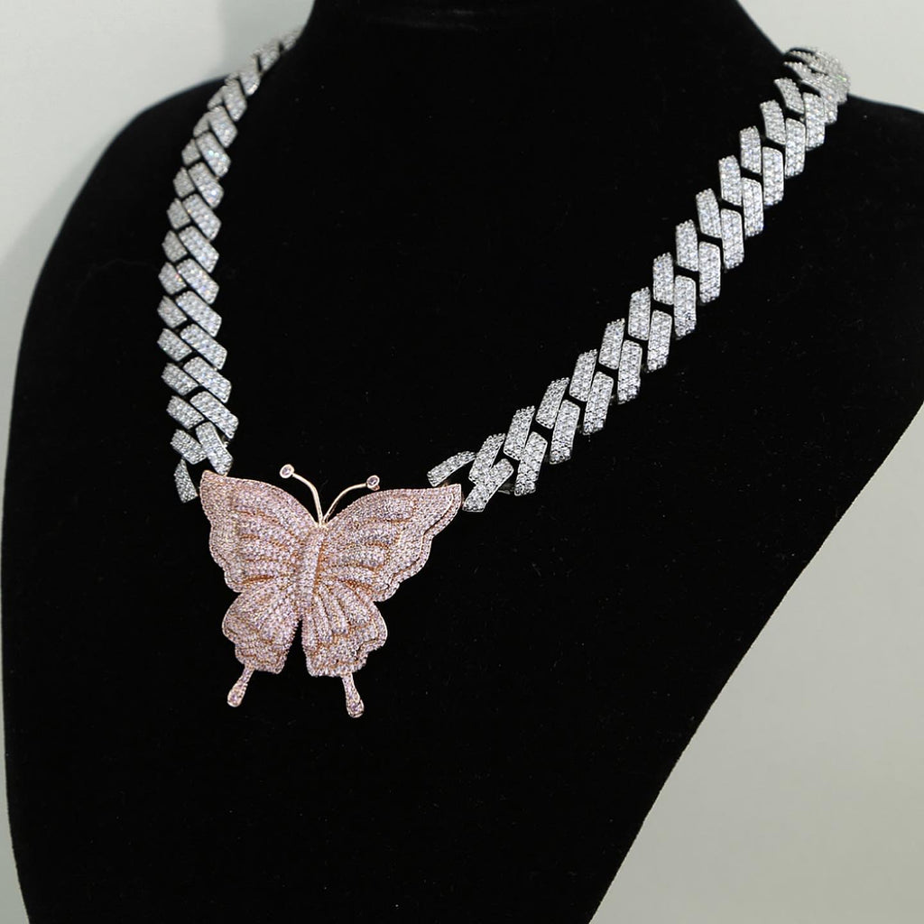 Two Toned Butterfly Pendent Cuban Link Chain