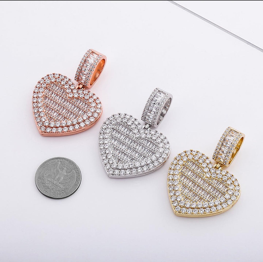Iced Out Custom Baguette Heart Photo Locket Pendant