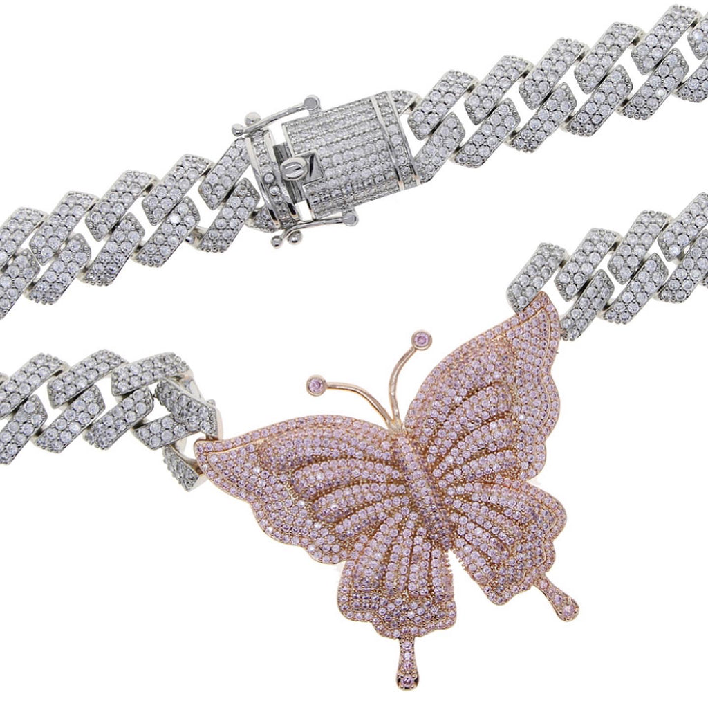 Two Toned Butterfly Pendent Cuban Link Chain