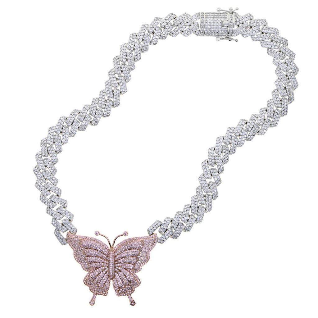 Two Toned Butterfly Pendent Cuban Link Chain