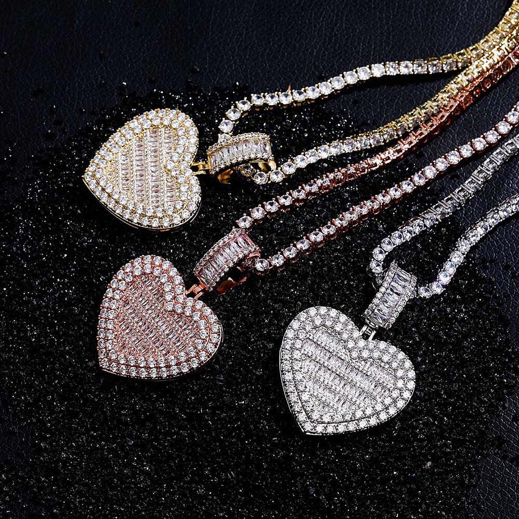 Iced Out Custom Baguette Heart Photo Locket Pendant