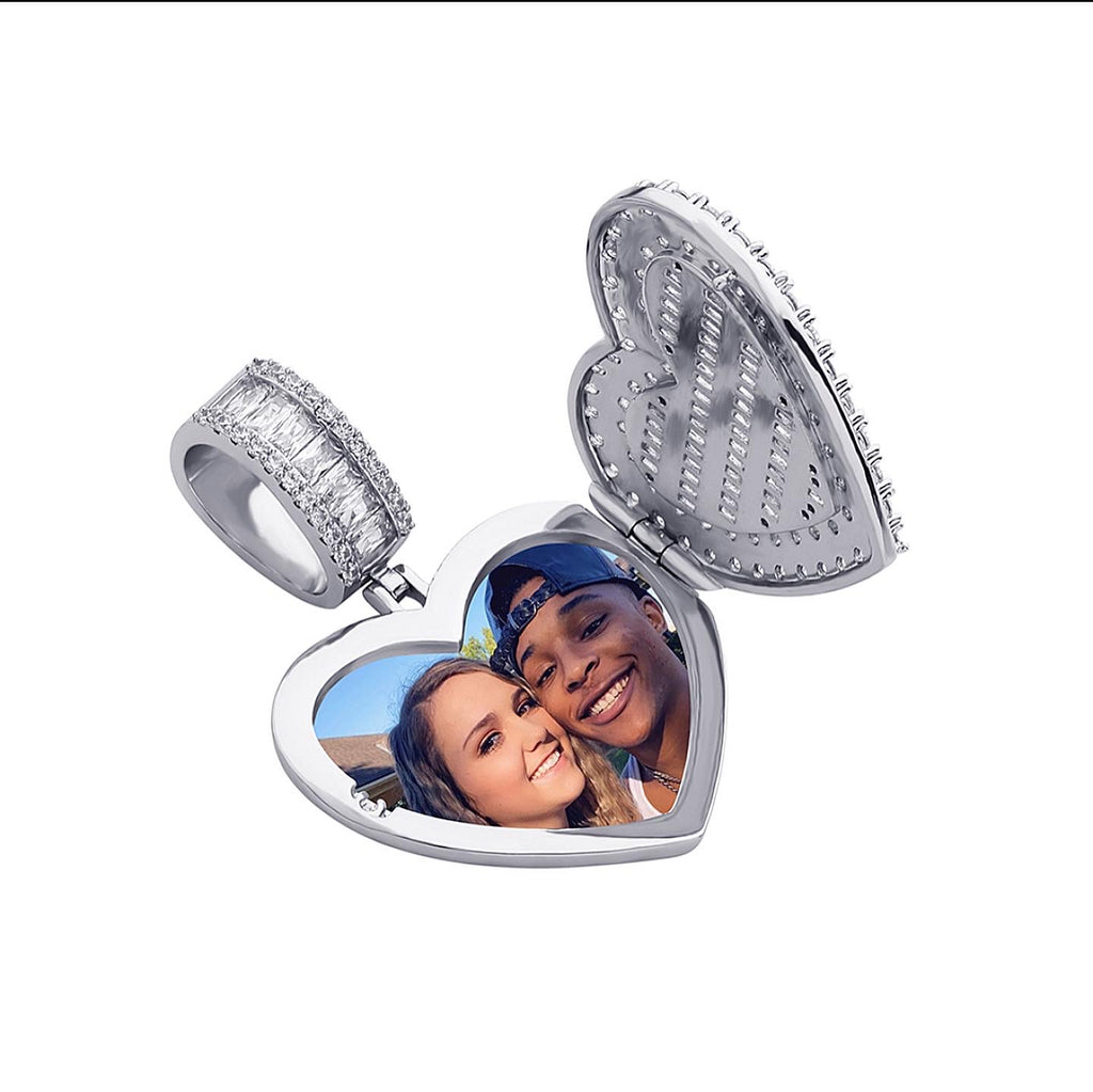 Iced Out Custom Baguette Heart Photo Locket Pendant