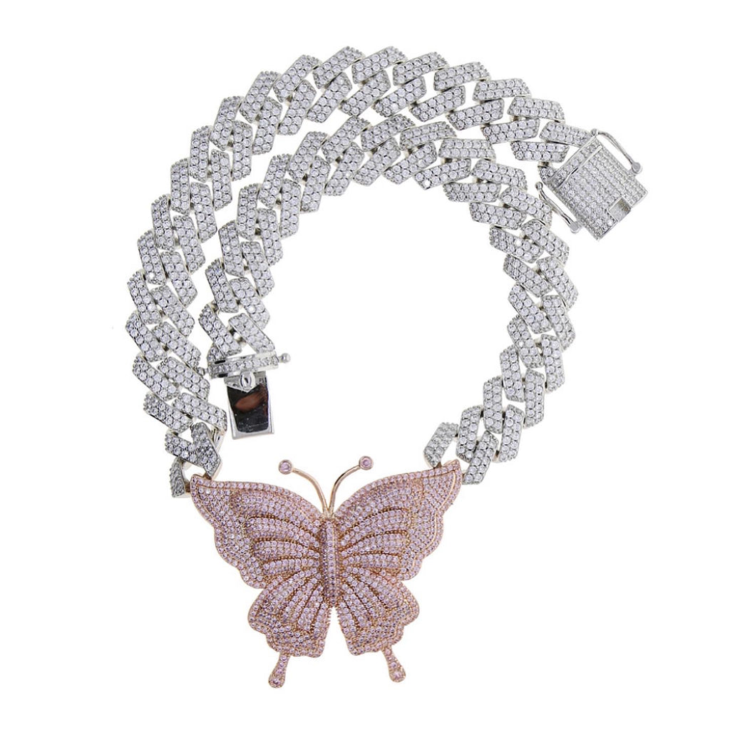 Two Toned Butterfly Pendent Cuban Link Chain