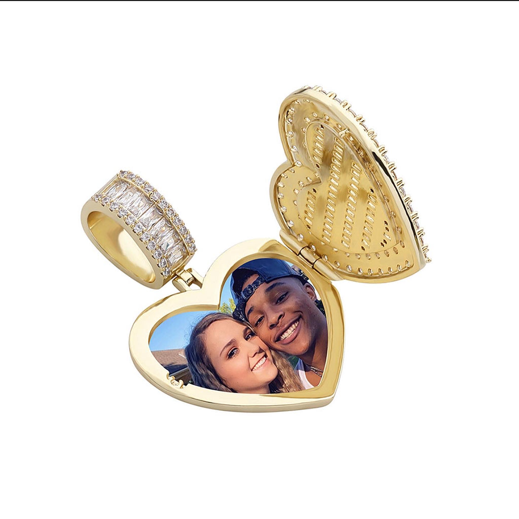 Iced Out Custom Baguette Heart Photo Locket Pendant