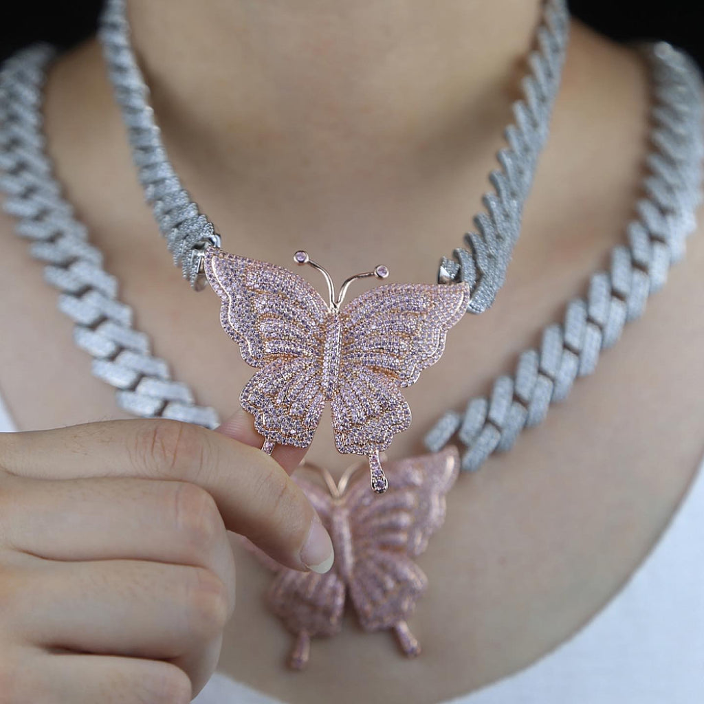 Two Toned Butterfly Pendent Cuban Link Chain