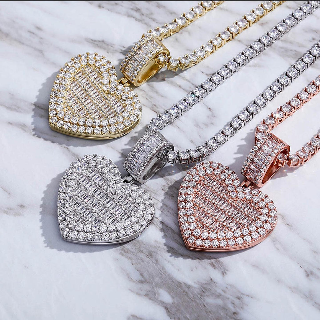 Iced Out Custom Baguette Heart Photo Locket Pendant