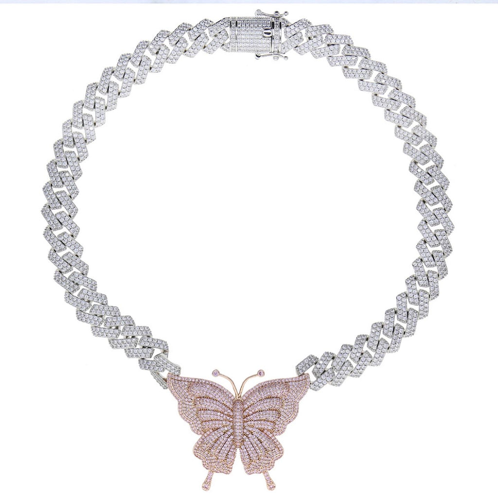 Two Toned Butterfly Pendent Cuban Link Chain